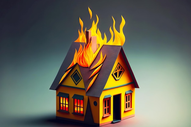 Foto casa em chamas de brinquedo representando chamas no telhado