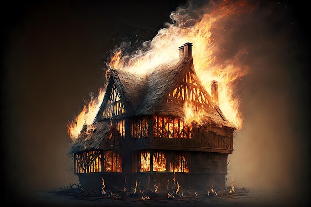 Casa em chamas de madeira com chamas cobrindo telhado e paredes