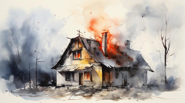 Casa em chamas no estilo de aquarela