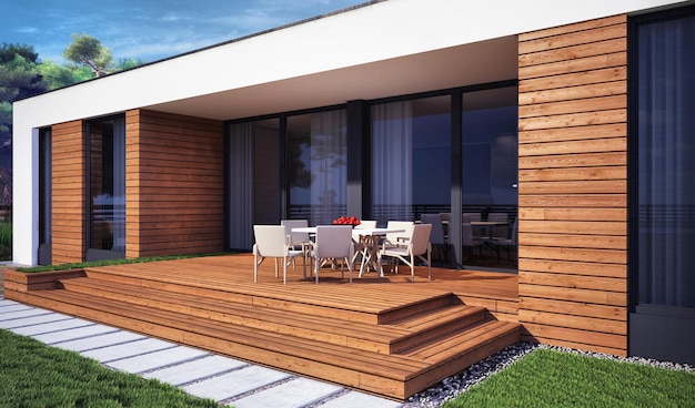 Casa em estilo moderno. renderização 3D. Casa térrea com telhado plano e janelas panorâmicas. Único