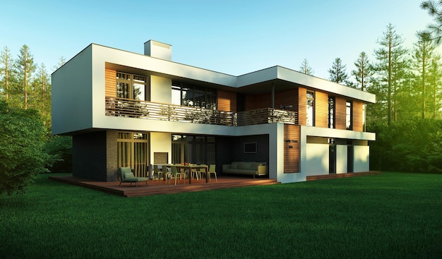 Casa em estilo moderno. Visualização 3D. Casa com terraço e janelas panorâmicas. Uma casa particular