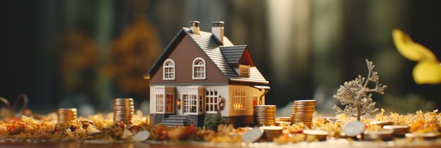 Casa em miniatura com moedas Generative AI