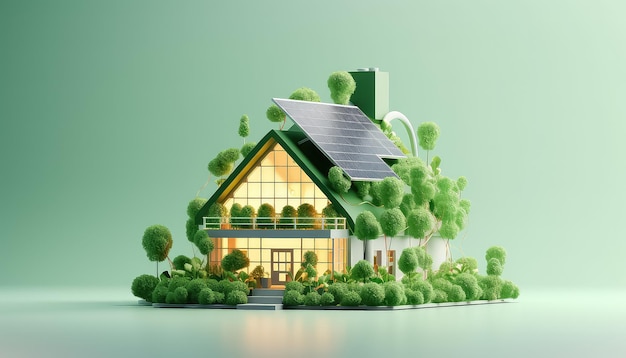 Casa em miniatura com painel solar no telhado Segurança ambiental e ecológica Conservação