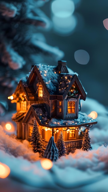 Casa em miniatura de Natal e Ano Novo na neve com árvore de Natal e fundo bokeh
