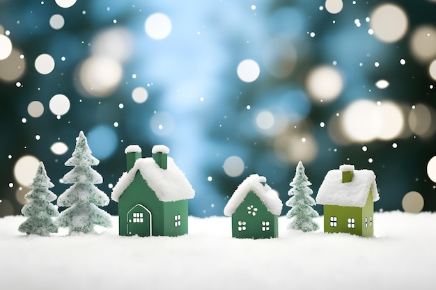 Casa em miniatura e árvores de ano novo em fundo de neve verde