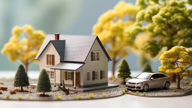 Casa em miniatura e carro isolado no fundo branco Generative AI