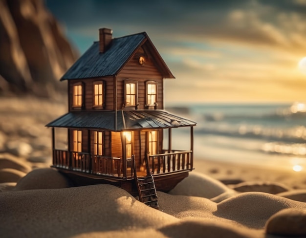 Casa em miniatura na costa marítima Conceito de viagem AI ilustração