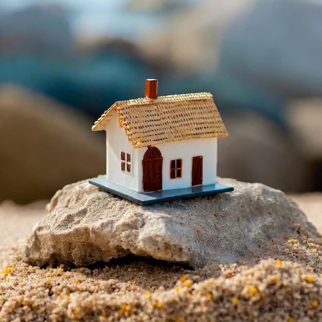 Foto casa em miniatura no topo de uma rocha na areia