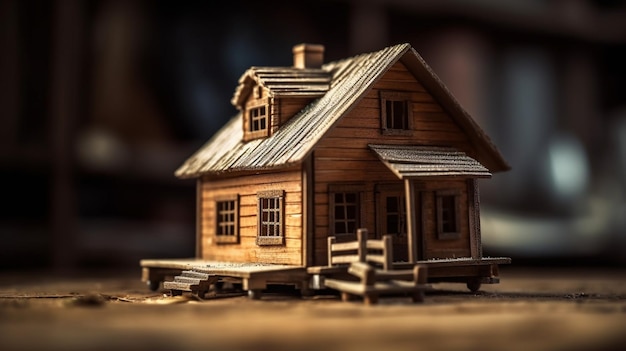 Casa em miniatura sobre um fundo de madeira