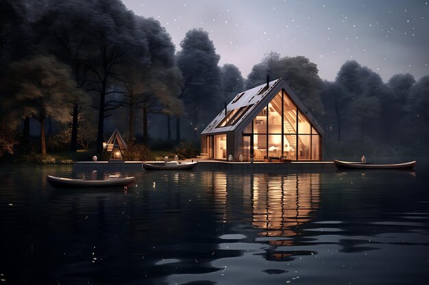 casa em um lago em um pequeno estilo de cabana de convés