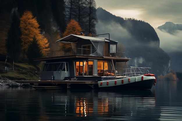 casa em um lago em um pequeno estilo de cabana de convés
