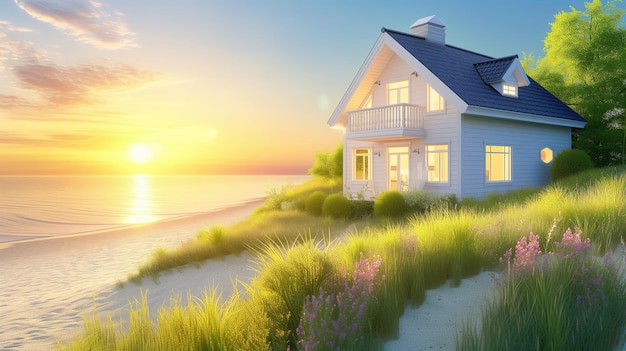 Casa em uma praia ao pôr-do-sol com vegetação exuberante ao redor