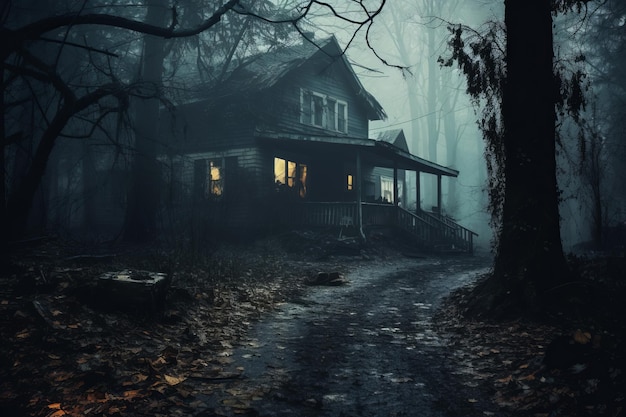 Casa embrujada abandonada en el bosque de Halloween