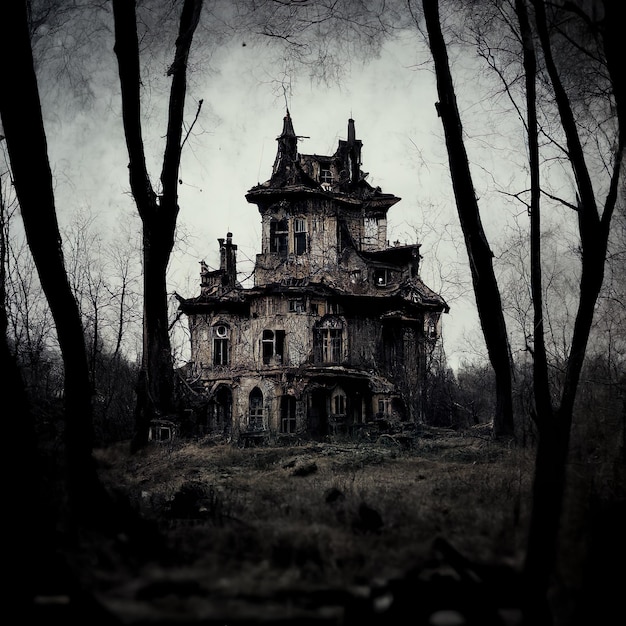 Casa embrujada abandonada en el bosque oscuro