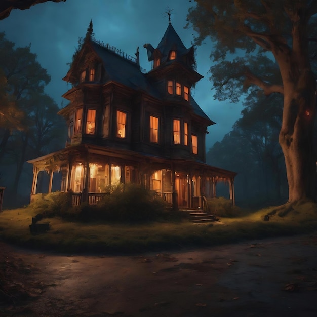 Una casa embrujada con un árbol en el medio