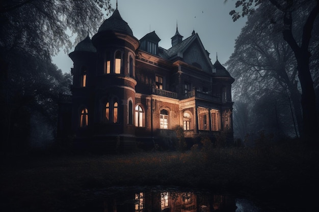 Una casa embrujada en el bosque con las luces encendidas