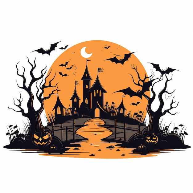 Casa embrujada de brujas calabazas murciélagos vacaciones de Halloween diseño espeluznante cabeza de calabaza generativo Ai
