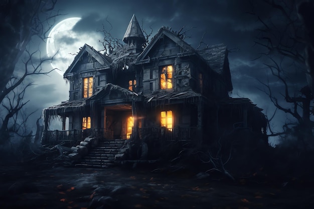 Casa embrujada en el concepto de celebración de Halloween Casa espeluznante con edificio abandonado y calabaza