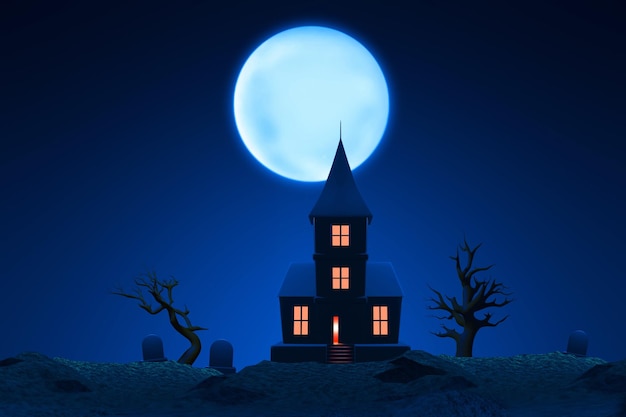 Casa embrujada de dibujos animados en el cementerio con ilustración 3D de luna llena