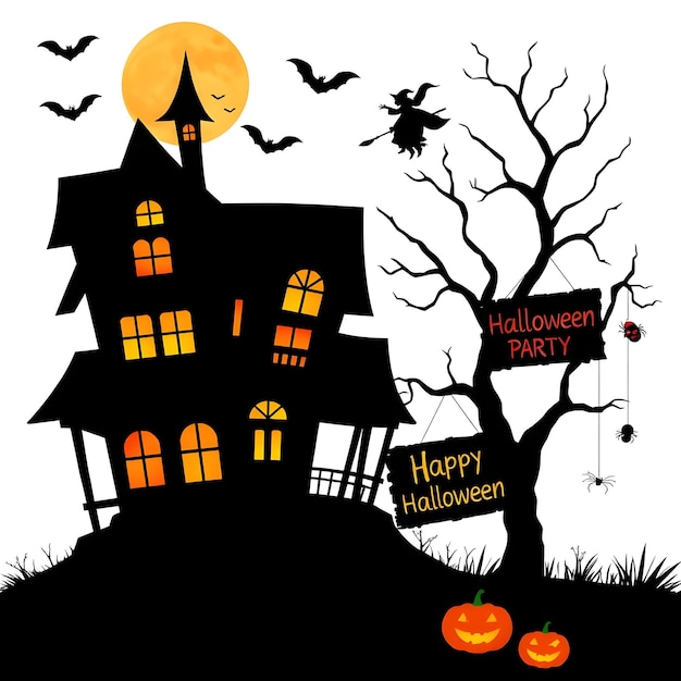 Casa embrujada espeluznante con murciélagos y árboles desnudos Ilustración de Halloween