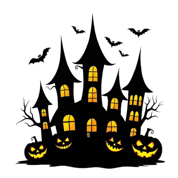 Casa embrujada espeluznante con murciélagos y árboles desnudos Ilustración de Halloween