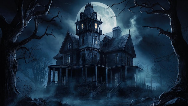 una casa embrujada con una luna llena detrás