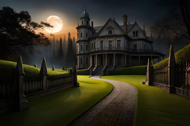 Una casa embrujada con luna llena detrás