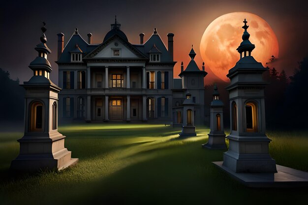 Una casa embrujada con luna llena detrás