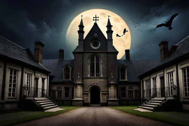 Una casa embrujada con luna llena de fondo