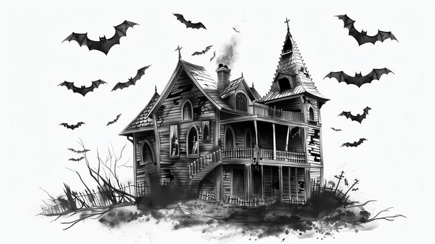 Una casa embrujada con murciélagos volando a su alrededor La casa es vieja y en ruinas con ventanas rotas y un techo caído