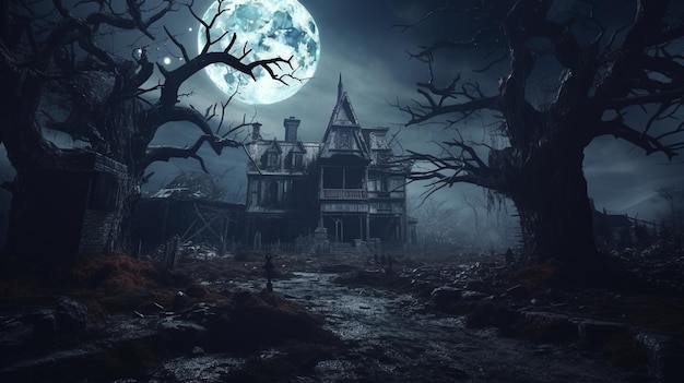 Casa embrujada en la noche con una escena aterradora para la decoración festiva de Halloween