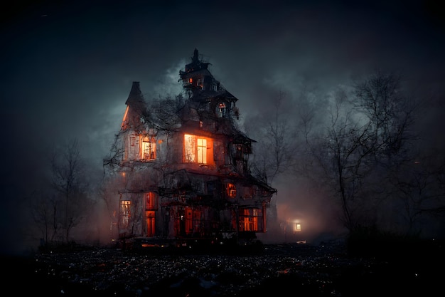 Casa embrujada oscura con ventanas iluminadas en el arte generado por la red neuronal de la noche de halloween oscura y brumosa espeluznante