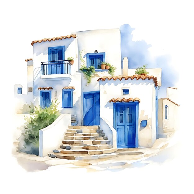 Casa Empilhada em Aquarela Grécia Ilustrando Fachadas Brancas em Fundo Branco Casa Estética