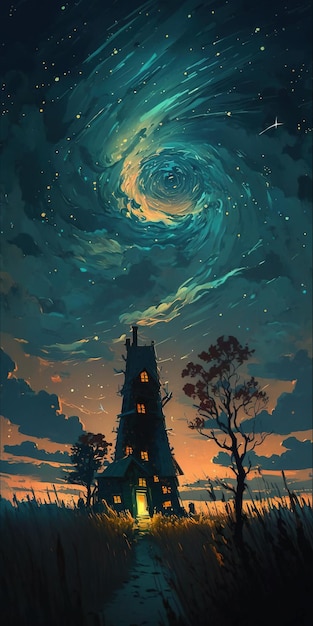 Una casa encantada oscura, misteriosa y malhumorada con estrellas. nubes de colores