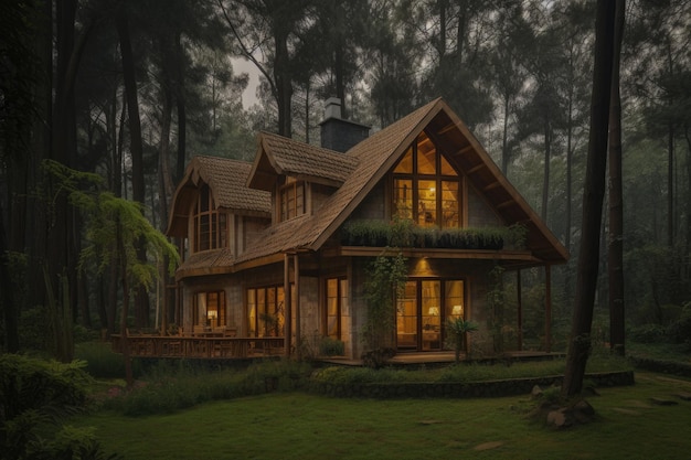 Casa encantadora en el bosque rodeada de naturaleza generativa IA
