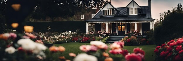 Foto casa encantadora cercada por um jardim de flores exuberantes