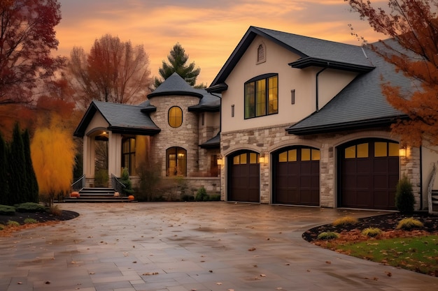 Una casa con una entrada para auto que tiene una entrada para auto que tiene una entrada para auto que tiene una ventana grande.