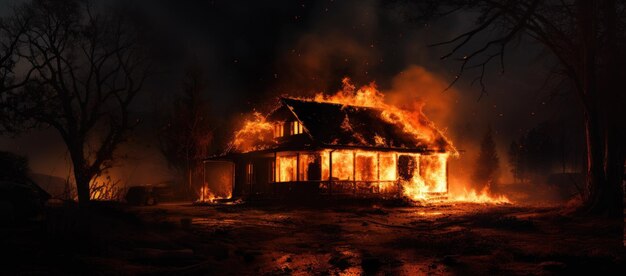 Foto casa envolvida em chamas e fumaça