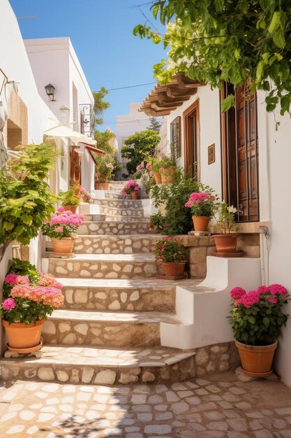 Foto una casa con una escalera que tiene flores en ella