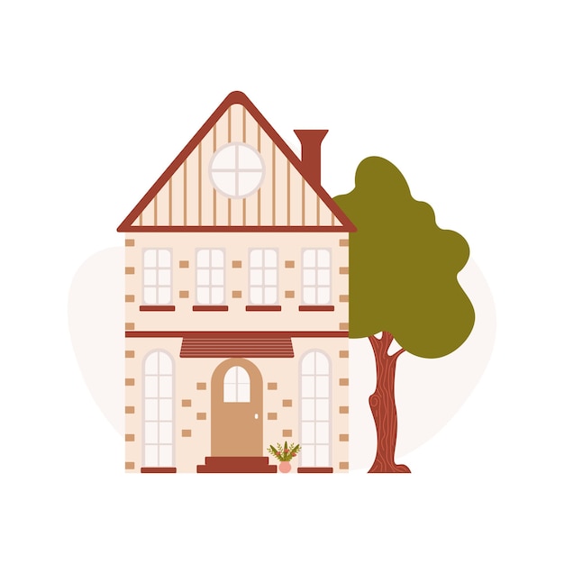 Casa escandinava bonita e árvore em estilo plano isolada em fundo branco