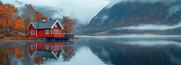 Casa escandinava vermelha num lago nas montanhas