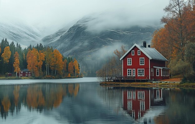 Foto casa escandinava vermelha num lago nas montanhas