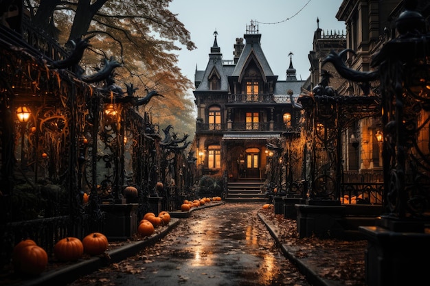 Foto casa escura decorada para festa de halloween com abóboras iluminadas ia generativa