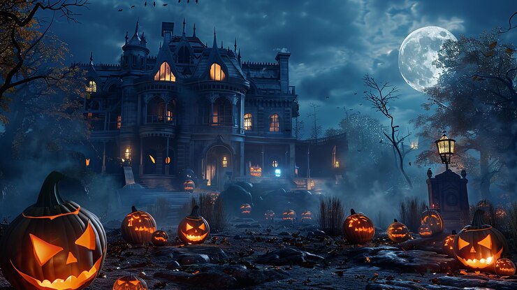 una casa espeluznante con calabazas en el frente
