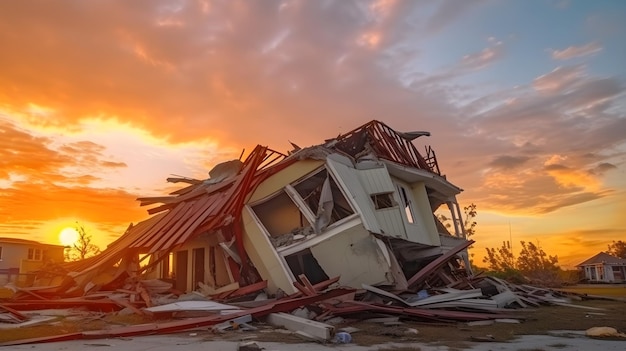 Una casa está amontonada frente a una puesta de sol.