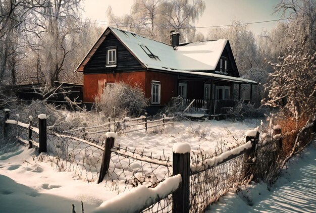 Una casa está cubierta de nieve y la cerca está llena de nieve.