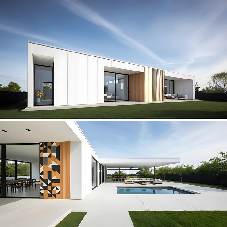 la casa está diseñada por una persona y tiene una piscina y tiene una vista del patio trasero