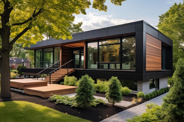 La casa está diseñada para ser construida con un deck de madera y una escalera que conduce al patio trasero.