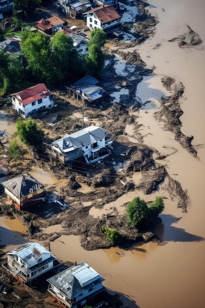 una casa está rodeada de agua y árboles