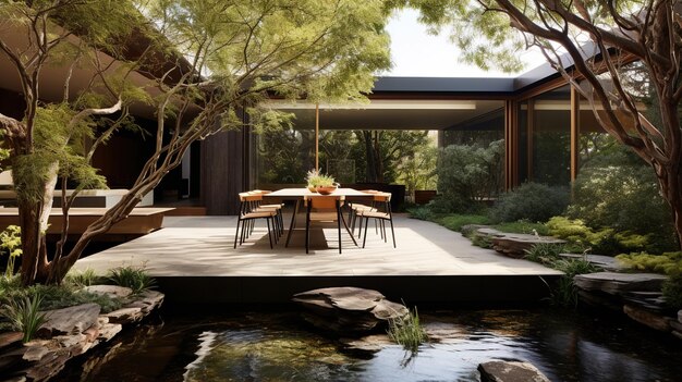 Una casa con un estanque y un pequeño puente.